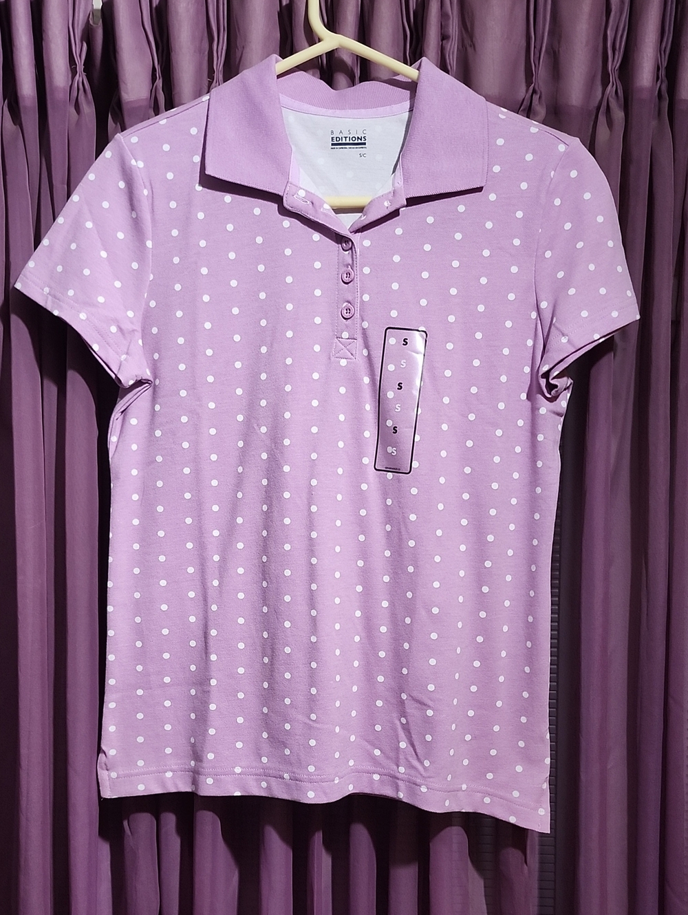 Basic Editions Lavender Polka Dot Polo Shirt S